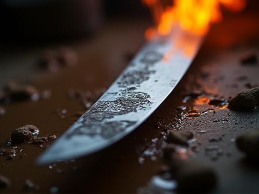 焼刃土が塗られた刀身と焼き入れの炎